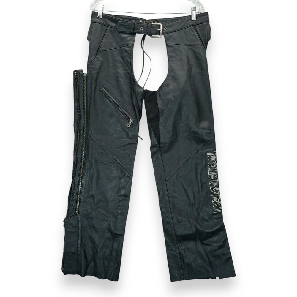 Vintage HARLEY DAVIDSON Women's Black Leather Chaps Size Large Petite ~‎ EUC